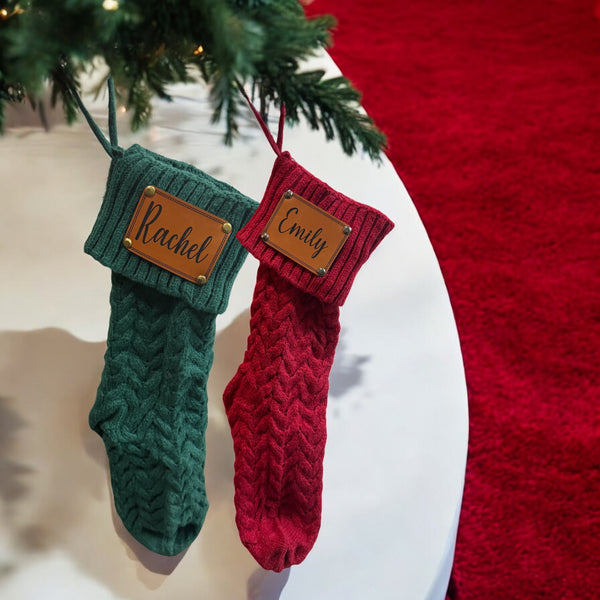 Personalized Leather Patch Knit Stocking - Perfect for Christmas!